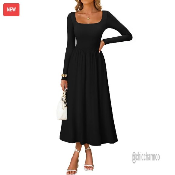 Long Sleeve Square Neck Midi Dress Wedding Guest Party Slim Fit